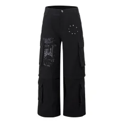 Removable Multi-pocket Cargo Pants Loose Wide-leg Pants - Black - View 1