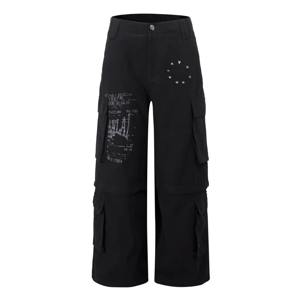 Removable Multi-pocket Cargo Pants Loose Wide-leg Pants - Black