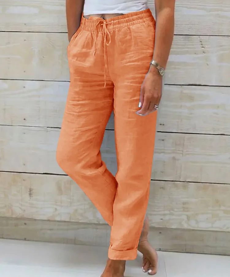 Elastic Waist Solid Cotton Hemp Pants - Orange
