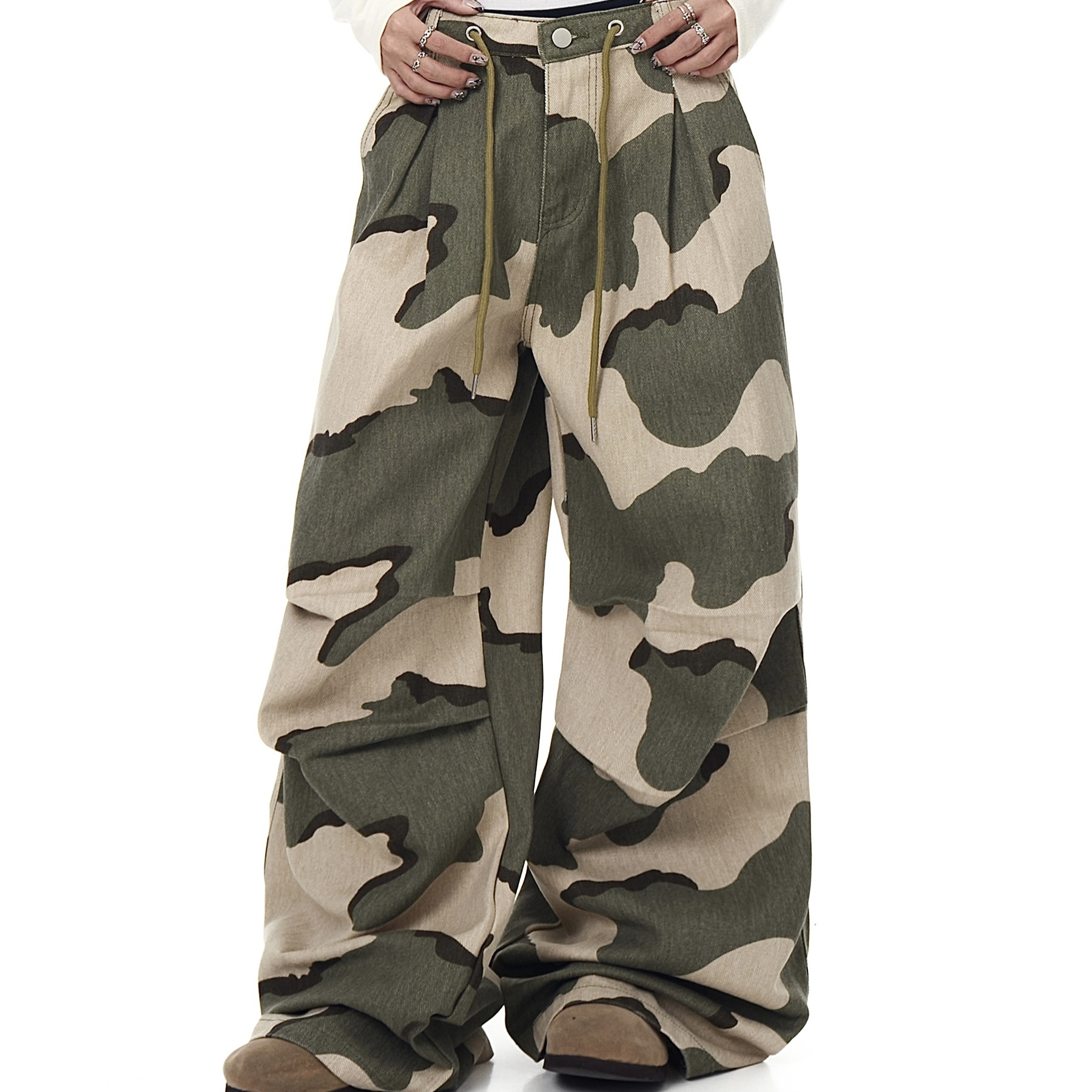 Retro Drawstring Pleated Camouflage Overalls Straight Loose Wide-leg Pants