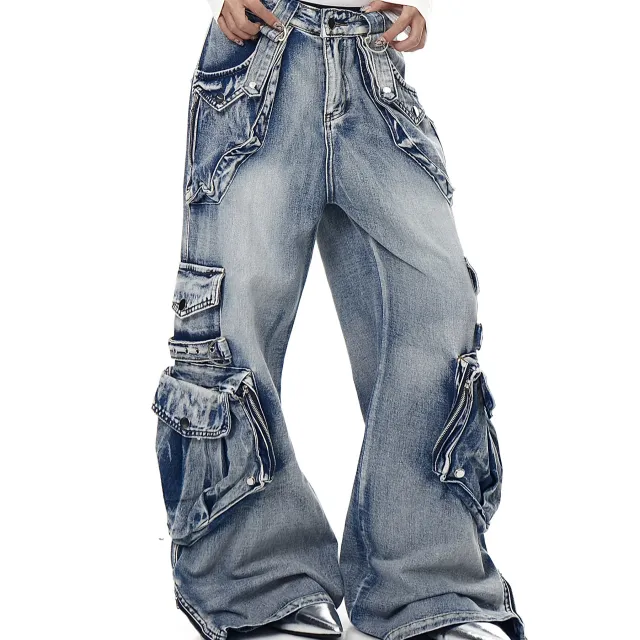 Retro Heavy Industry Multi pocket Workwear Jeans Blue - Shop at LoveMi
