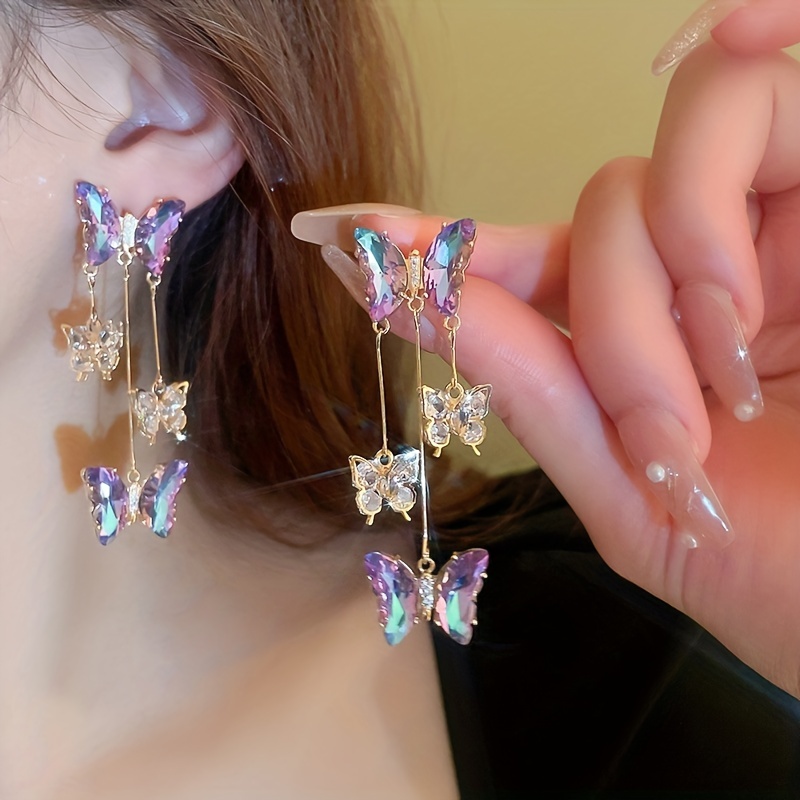 Silver Needle Crystal Flowers Butterfly Tassel Earrings