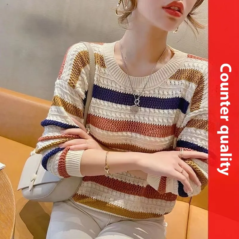Loose Short Hollow Color Striped Sweater - Navy Blue