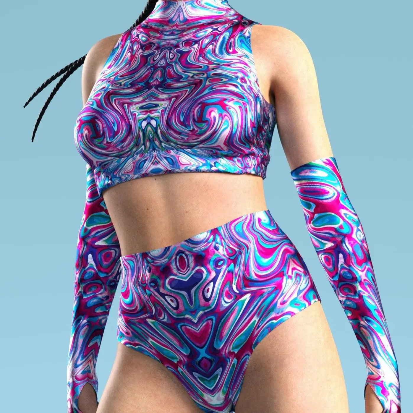 Printed Long Sleeve Swimsuit Bikini High Neck Strap