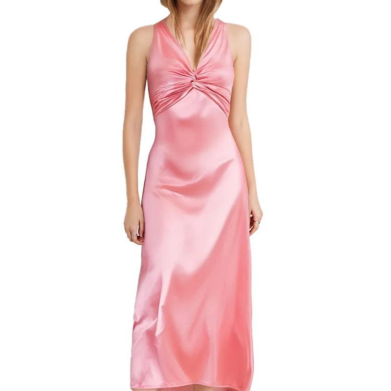 Sexy V-neck Pleated Slim Fit Slimming Graceful And Fashionable Dress - Pink