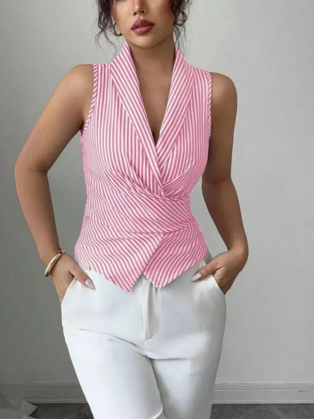 Striped Sleeveless Shirt Lace up Waist controlled Slimming Vest Women's Clothing Pink - Shop at LoveMi