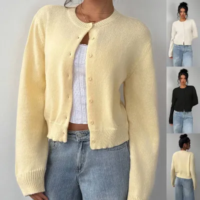Chic Long Sleeved Knitted Cardigan Fashion Slim Solid Color Short Sweater For Women Clothing