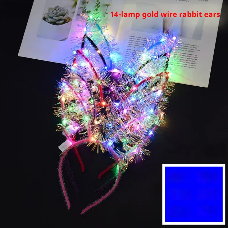 Glowing Headdress Antlers Headband Rabbit Ear Garland With Light - 14 Gold Silk Rabbit Ears