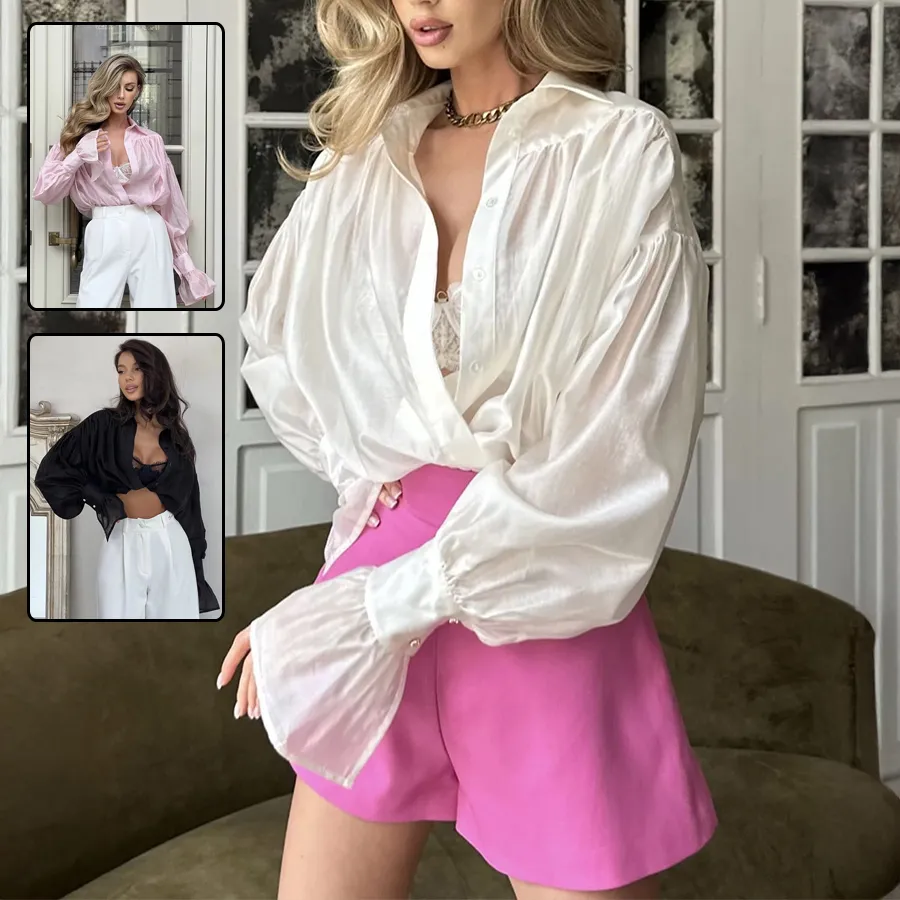 Ins French Lantern Sleeve Shirt Fashion Button Lapel Long Sleeved Tops Casual Women's Clothing