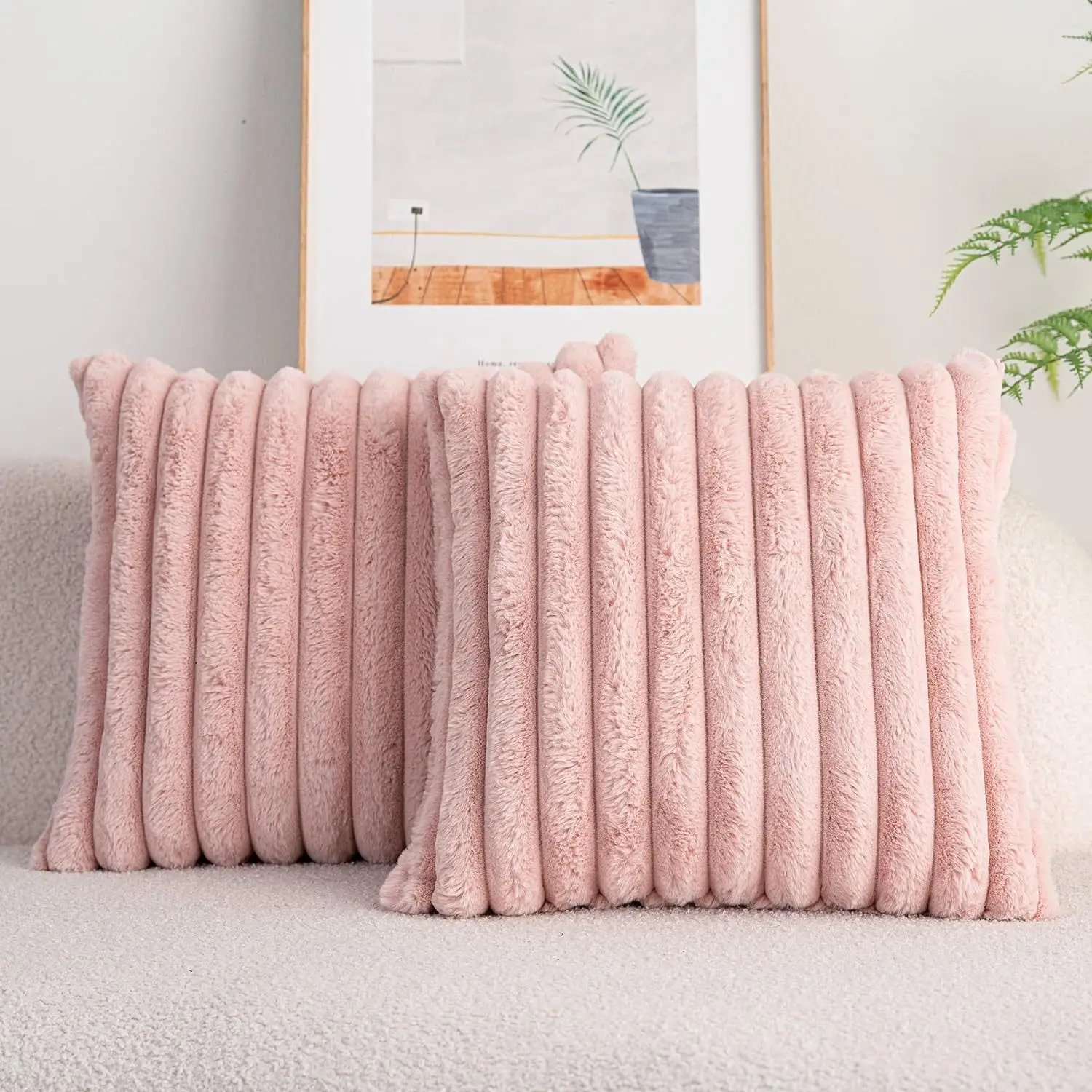 Rabbit Hair Ins Style Plain Vertical Bar Plush Pillowcase
