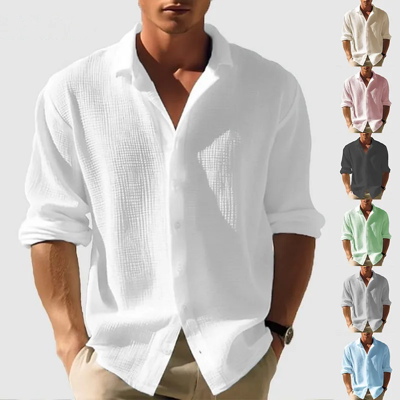 Men's Lapel Long Sleeve Shirt Fashion Solid Single Breasted