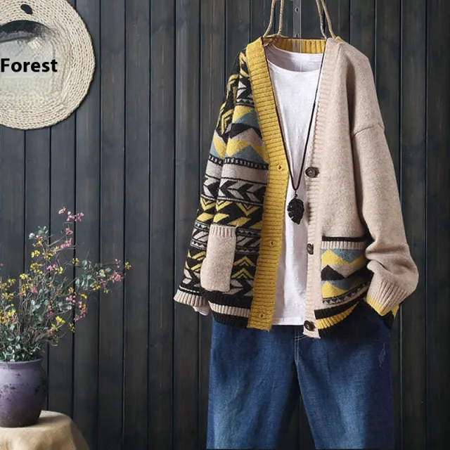 Color Matching Large Pocket Buckle Outer Match Knitted Cardigan Sweater Khaki Color Matching - Shop at LoveMi