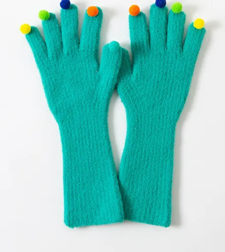 Colorful Plush Ball Gloves Winter Women's Cute Student Cycling Thickened Water Blue - Shop at LoveMi