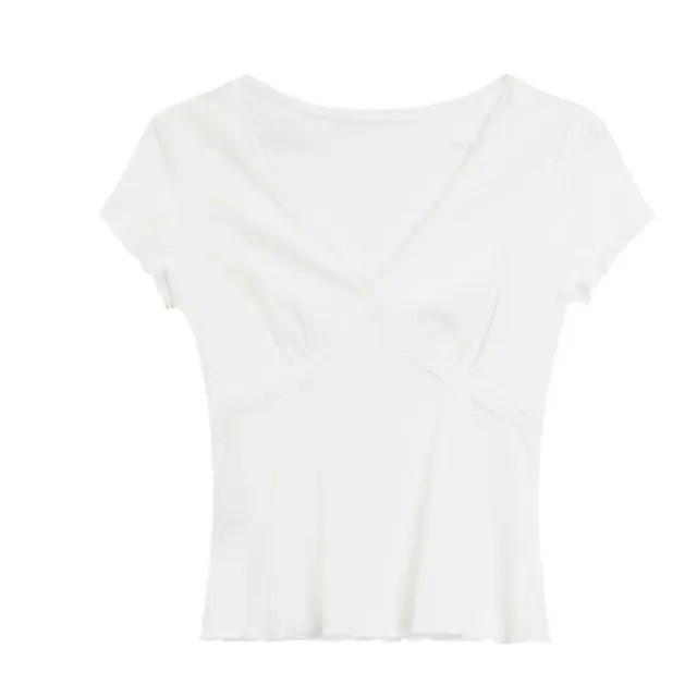 French White Polka Dot V neck Short sleeved T shirt For Women White - Shop at LoveMi