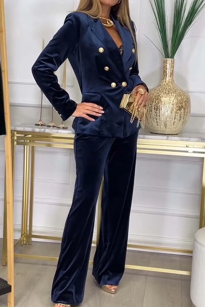 Women's Fashion Double Breasted Velvet Two-piece Set - Dark Blue