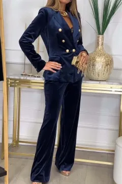 Women's Fashion Double Breasted Velvet Two-piece Set - Dark Blue - View 1