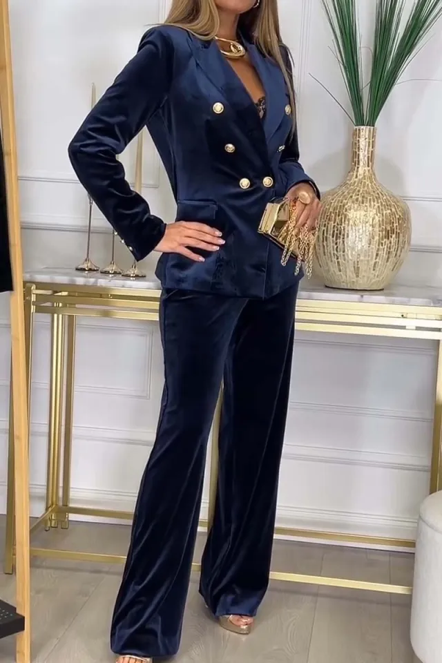 Women's Fashion Double Breasted Velvet Two piece Set Blue - Shop at LoveMi