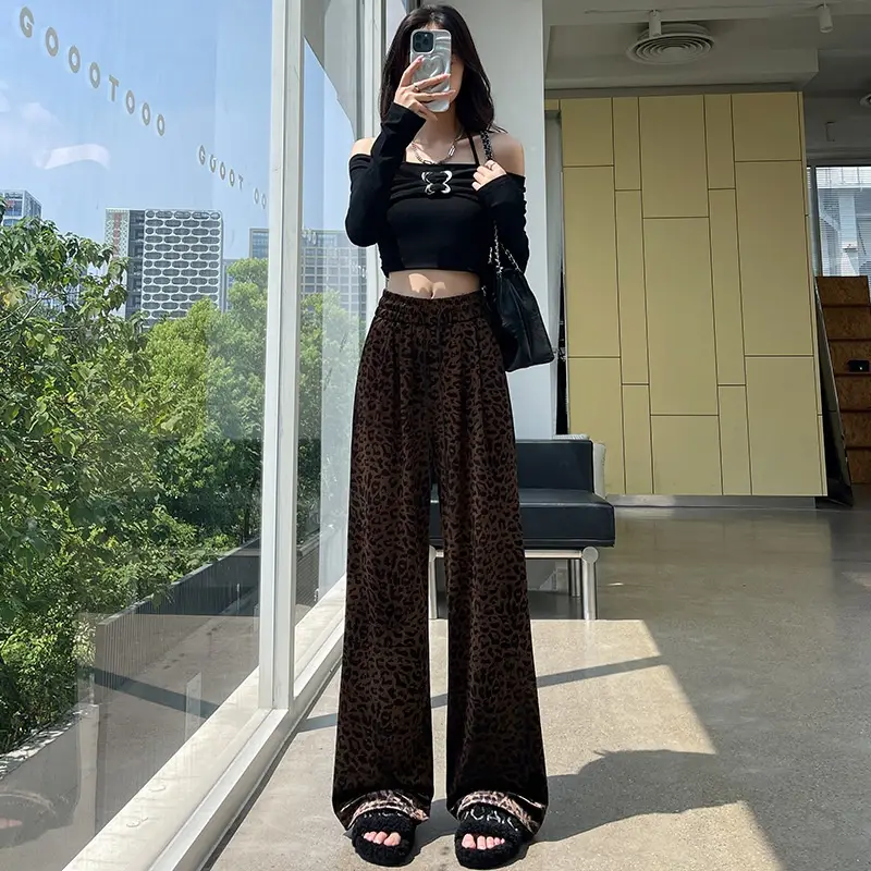 Women's Drawstring Straight Vintage Velvet Leopard Print Wide-leg Pants