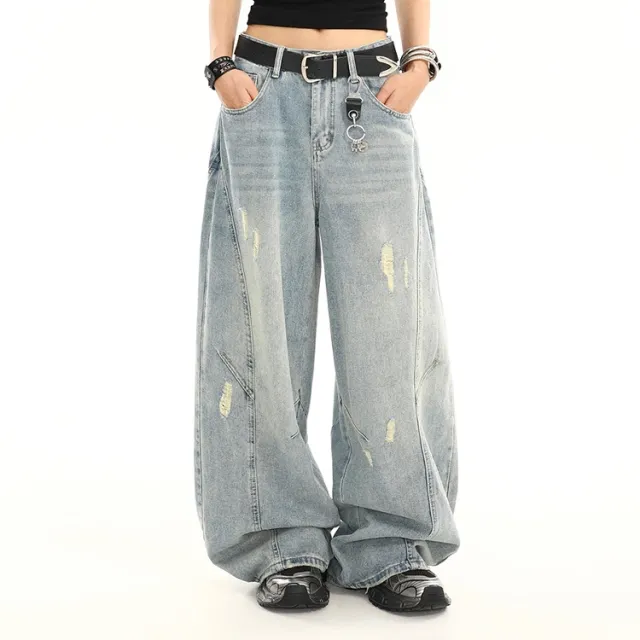 Summer American Retro Washed Distressed Loose Straight Leg Wide Leg Pants Light Blue - Shop at LoveMi