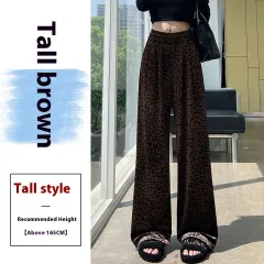 Women's Drawstring Straight Vintage Velvet Leopard Print Wide-leg Pants - Coffee Leopard Print Long - View 1