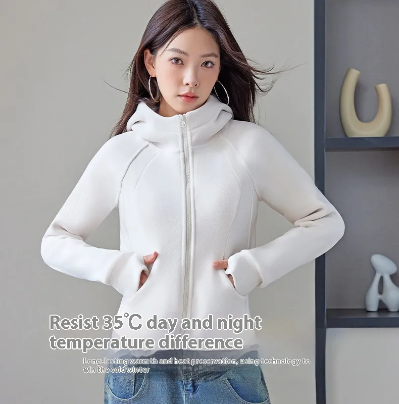 Hooded Sweater Double-sided With Velvet Cardigan Zipper Coat - Beige