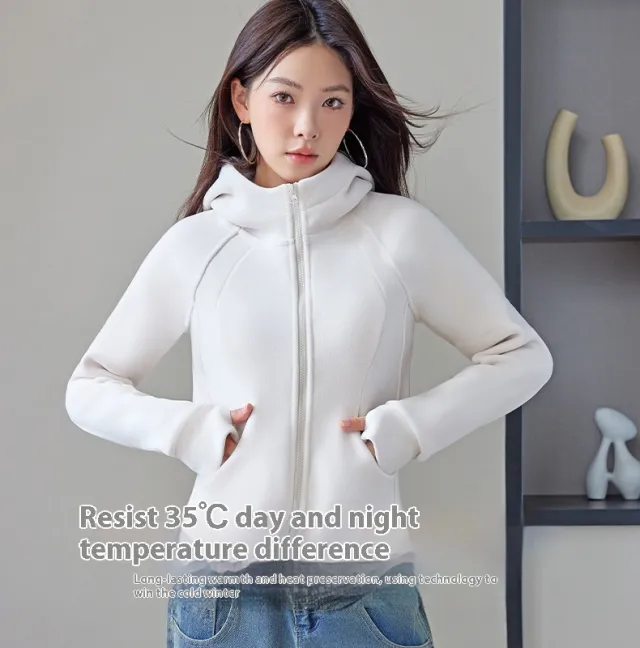Hooded Sweater Double sided With Velvet Cardigan Zipper Coat Beige - Shop at LoveMi