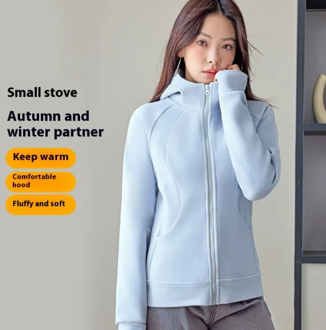 Hooded Sweater Double sided With Velvet Cardigan Zipper Coat Light Blue - Shop at LoveMi