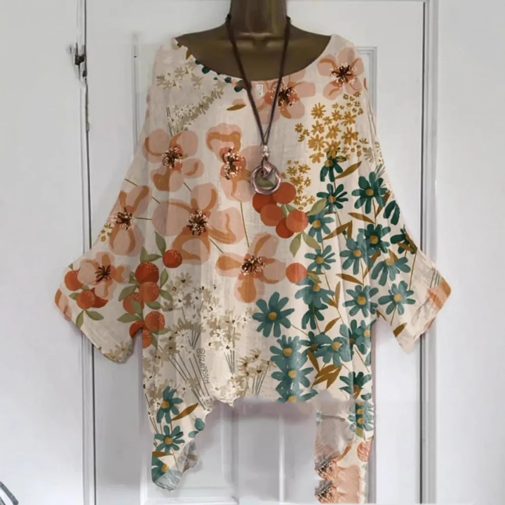 Round Neck Long Sleeve T-shirt Floral Shading Print - Floral