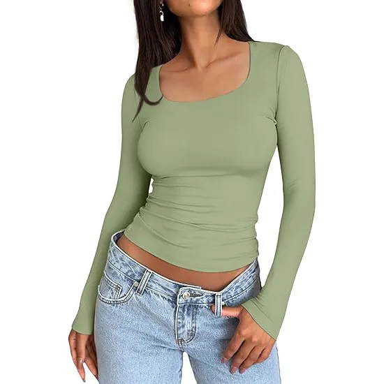 Solid Color Double Layer Square Collar Slimming Sexy Long Sleeve Women's T shirt Green - Shop at LoveMi