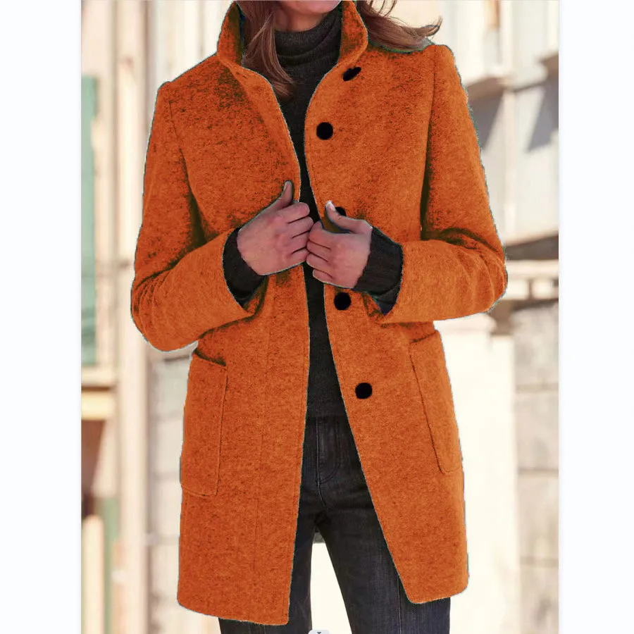 Stand Collar Woolen Coat With Pockets Fall Casual Button Outwear - Orange