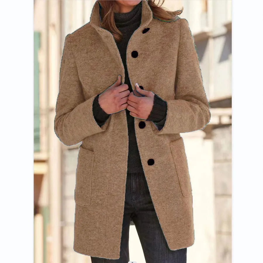 Stand Collar Woolen Coat With Pockets Fall Casual Button Outwear - Khaki
