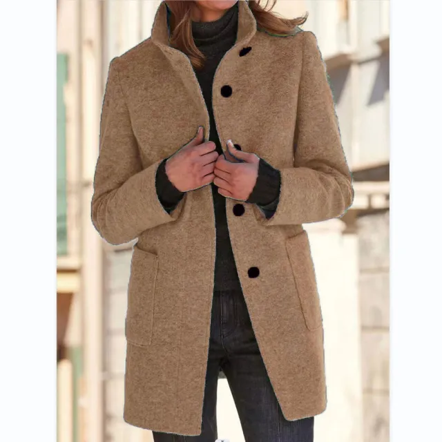 Stand Collar Woolen Coat With Pockets Fall Casual Button Outwear Khaki - Shop at LoveMi