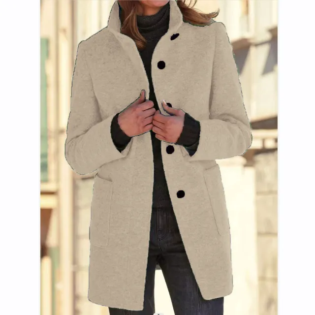 Stand Collar Woolen Coat With Pockets Fall Casual Button Outwear Apricot - Shop at LoveMi