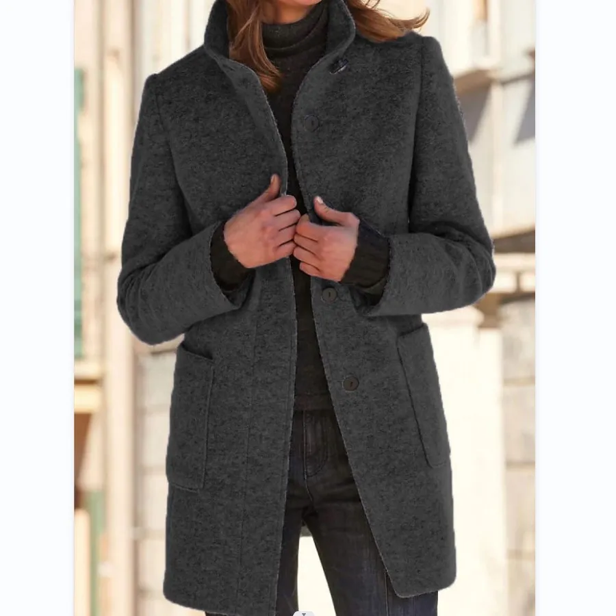 Stand Collar Woolen Coat With Pockets Fall Casual Button Outwear - Black