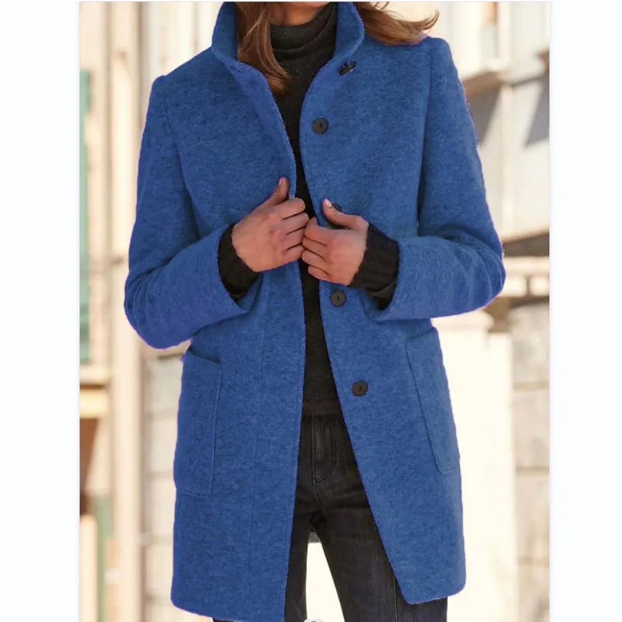 Stand Collar Woolen Coat With Pockets Fall Casual Button Outwear - Denim Blue