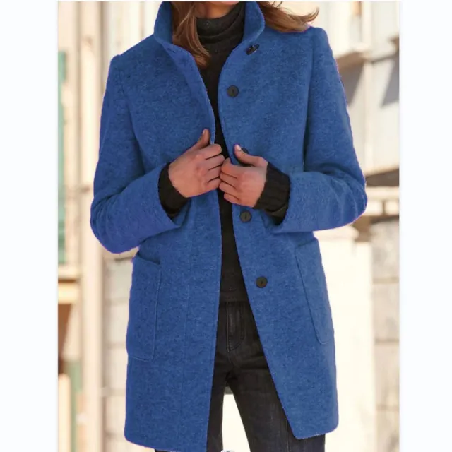 Stand Collar Woolen Coat With Pockets Fall Casual Button Outwear Denim Blue - Shop at LoveMi