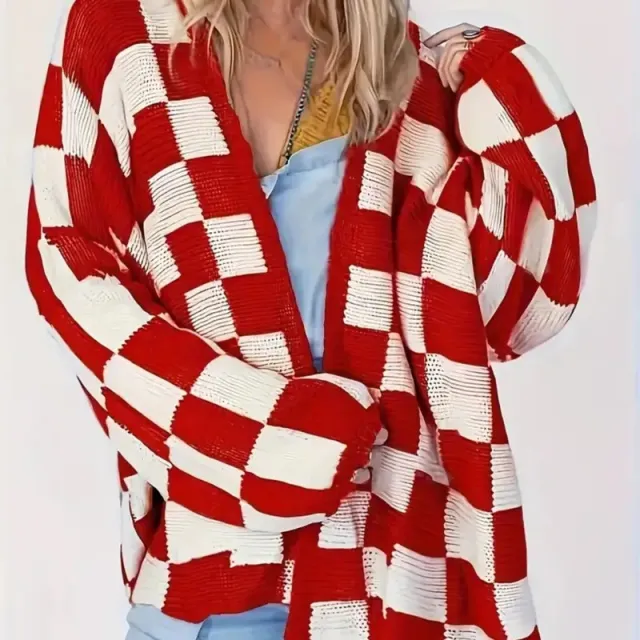 Contrast Color Checkerboard Sweater Cardigan Red - Shop at LoveMi