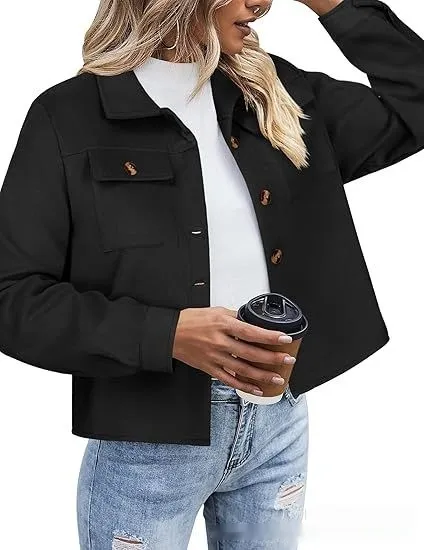 Top Women's Flannel Short Jacket Plaid Button Shirt Black - Shop at LoveMi