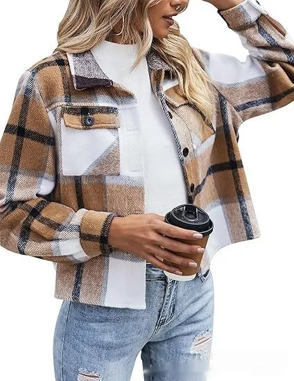 Top Women's Flannel Short Jacket Plaid Button Shirt White Yellow And Black - Shop at LoveMi