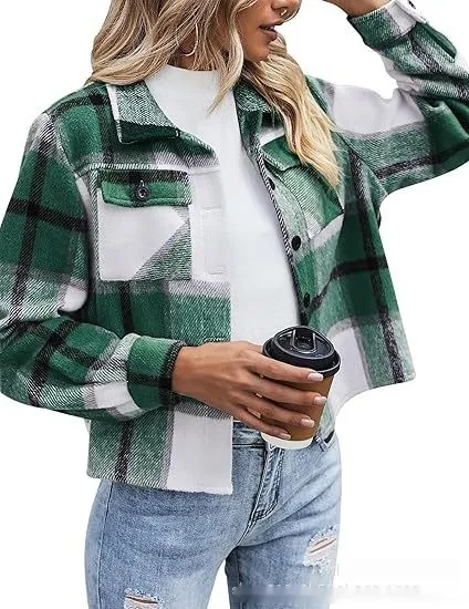 Top Women's Flannel Short Jacket Plaid Button Shirt Emerald Green - Shop at LoveMi