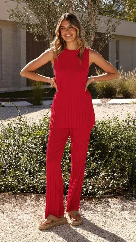 Women's Casual Solid Color Round Neck Sleeveless Top And Pants Two piece Set Red - Shop at LoveMi