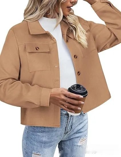 Top Women's Flannel Short Jacket Plaid Button Shirt Khaki - Shop at LoveMi