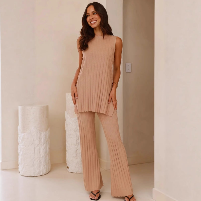 Women's Casual Solid Color Round Neck Sleeveless Top And Pants Two-piece Set