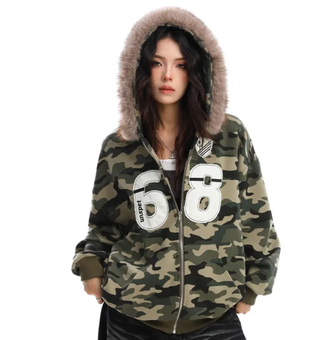 Camouflage Fur Collar Hooded Sweater Camouflage Color - Shop at LoveMi