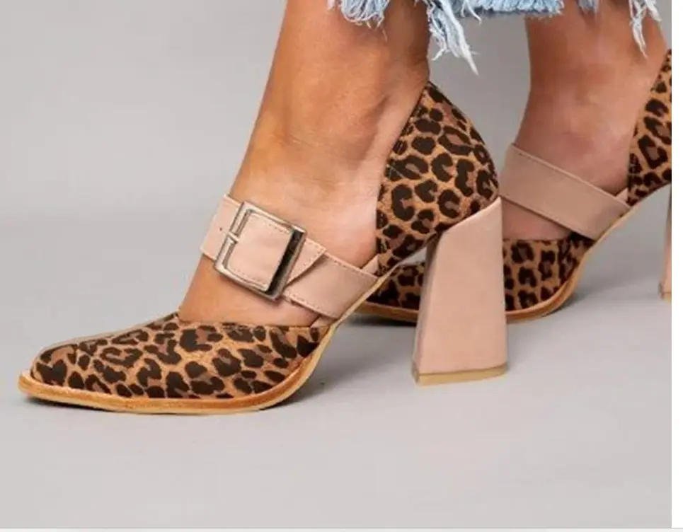 Spring Fashion High Heel Pointed Belt Buckle Leopard Print Sandals