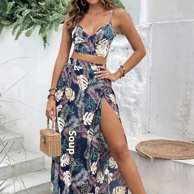 Summer New Suspender High Slit Mid-length Dress Set Women - Color