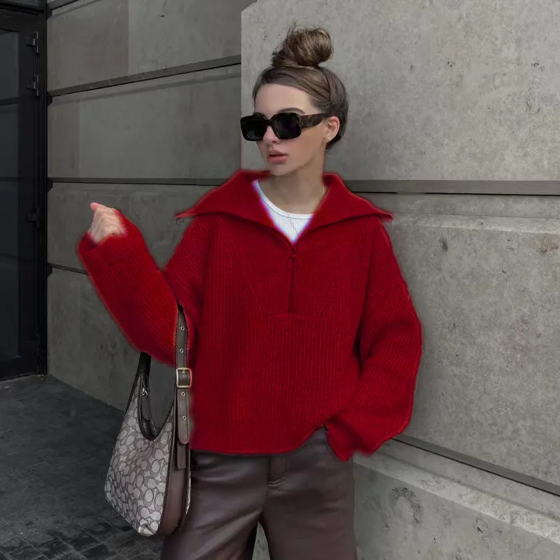 Loose Design Flip V-neck Pullover Women's Knitted Sweater - Wine Red