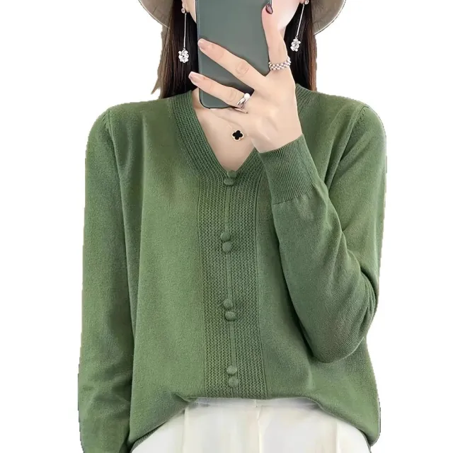V neck Casual Versatile Women's Plus Size Sweater Green - Shop at LoveMi