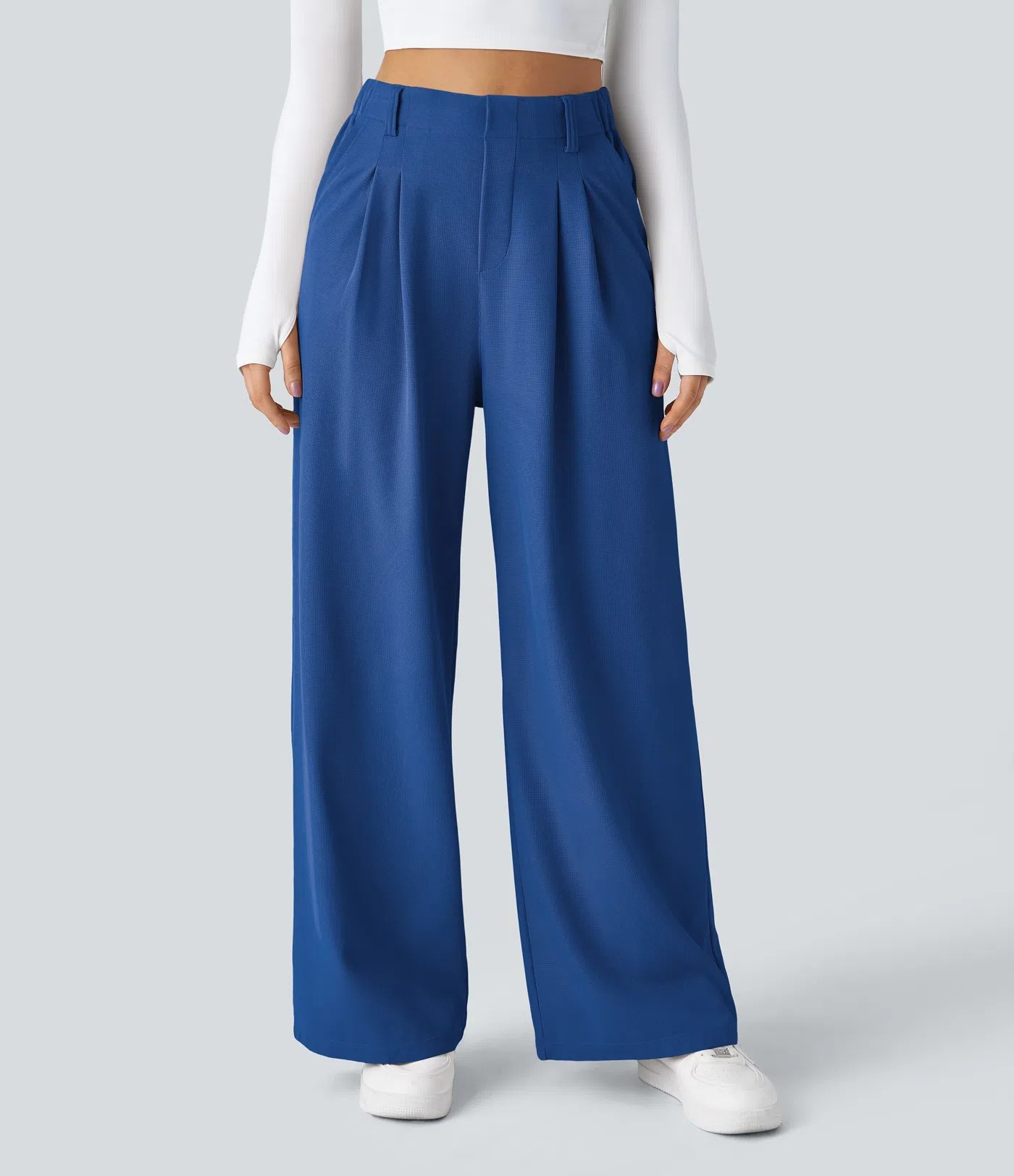 Elegant High Waist Wide Leg Straight Casual Pants Navy - Shop at LoveMi