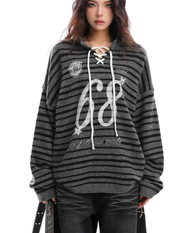 Loose Mixed Color Stripe Lace up Sweater Black And Gray - Shop at LoveMi